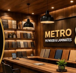 Interior of the Metro Plywood & Laminates showroom, with sample display shelves
