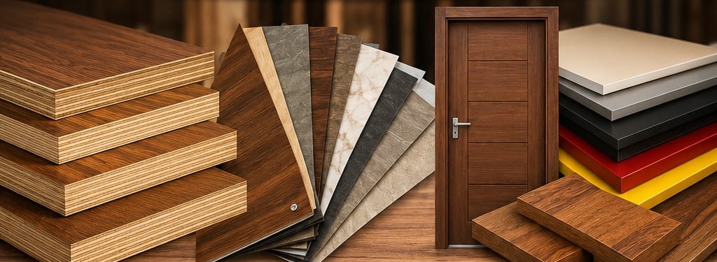 Plywood, laminate samples, a flush door and coloured acrylic sheets from Metro's stock