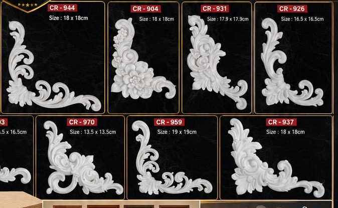 Catalogue of decorative PU corner mouldings, various sizes